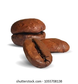 Fried coffee beans. Fragrant coffee. Robusta. Vector illustration. Arabic. Coffee ingredients in triangulation technique. Coffee low poly.
