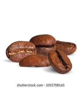 Fried coffee beans. Fragrant coffee. Robusta. Vector illustration. Arabic. Coffee ingredients in triangulation technique. Coffee low poly.