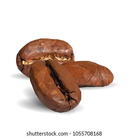 Fried coffee beans. Fragrant coffee. Robusta. Vector illustration. Arabic. Coffee ingredients in triangulation technique. Coffee low poly.