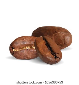 Fried coffee beans. Fragrant coffee. Robusta. Vector illustration. Arabic. Coffee ingredients in triangulation technique. Coffee low poly.