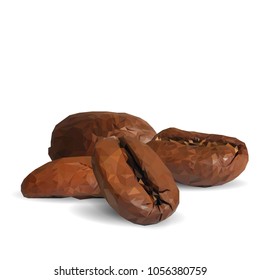 Fried coffee beans. Fragrant coffee. Robusta. Vector illustration. Arabic. Coffee ingredients in triangulation technique. Coffee low poly.