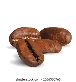 Fried coffee beans. Fragrant coffee. Robusta. Vector illustration. Arabic. Coffee ingredients in triangulation technique. Coffee low poly.