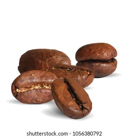 Fried coffee beans. Fragrant coffee. Robusta. Vector illustration. Arabic. Coffee ingredients in triangulation technique. Coffee low poly.