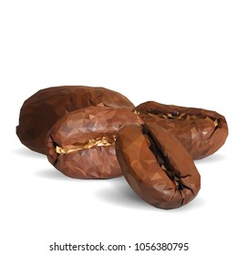 Fried coffee beans. Fragrant coffee. Robusta. Vector illustration. Arabic. Coffee ingredients in triangulation technique. Coffee low poly.