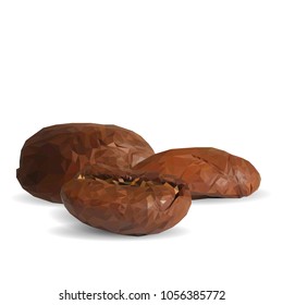 Fried coffee beans. Fragrant coffee. Robusta. Vector illustration. Arabic. Coffee ingredients in triangulation technique. Coffee low poly.