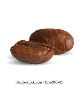 Fried coffee beans. Fragrant coffee. Robusta. Vector illustration. Arabic. Coffee ingredients in triangulation technique. Coffee low poly.