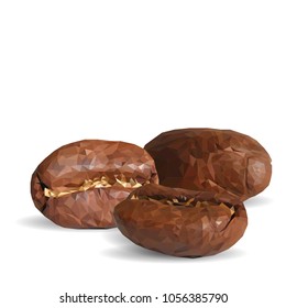 Fried coffee beans. Fragrant coffee. Robusta. Vector illustration. Arabic. Coffee ingredients in triangulation technique. Coffee low poly.