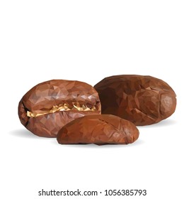 Fried coffee beans. Fragrant coffee. Robusta. Vector illustration. Arabic. Coffee ingredients in triangulation technique. Coffee low poly.