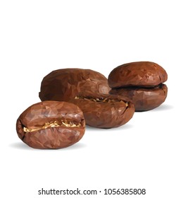 Fried coffee beans. Fragrant coffee. Robusta. Vector illustration. Arabic. Coffee ingredients in triangulation technique. Coffee low poly.