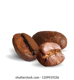 Fried coffee beans. Fragrant coffee. Robusta. Vector illustration. Arabic. Coffee ingredients in triangulation technique. Coffee low poly.