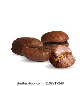 Fried coffee beans. Fragrant coffee. Robusta. Vector illustration. Arabic. Coffee ingredients in triangulation technique. Coffee low poly.