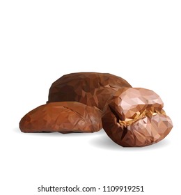 Fried coffee beans. Fragrant coffee. Robusta. Vector illustration. Arabic. Coffee ingredients in triangulation technique. Coffee low poly.