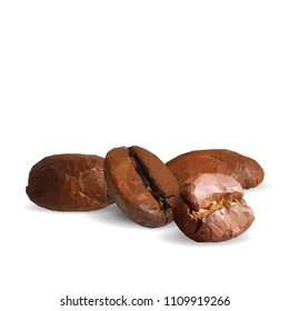 Fried coffee beans. Fragrant coffee. Robusta. Vector illustration. Arabic. Coffee ingredients in triangulation technique. Coffee low poly.