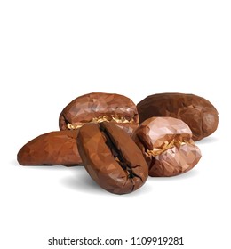 Fried coffee beans. Fragrant coffee. Robusta. Vector illustration. Arabic. Coffee ingredients in triangulation technique. Coffee low poly.