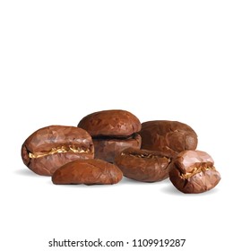 Fried coffee beans. Fragrant coffee. Robusta. Vector illustration. Arabic. Coffee ingredients in triangulation technique. Coffee low poly.