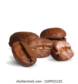 Fried coffee beans. Fragrant coffee. Robusta. Vector illustration. Arabic. Coffee ingredients in triangulation technique. Coffee low poly.