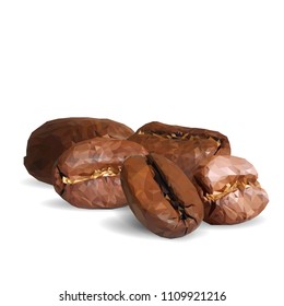 Fried coffee beans. Fragrant coffee. Robusta. Vector illustration. Arabic. Coffee ingredients in triangulation technique. Coffee low poly.
