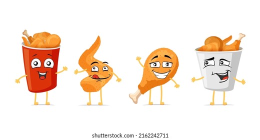 Fried crispy chicken leg and wing funny smiling cartoon character set. Roasted poultry meat cute happy face expression mascots. Different fast food bucket packages joyful comic emoticons vector eps