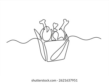 Fried crispy chicken legs, drumsticks in craft paper box vector one line continuous drawing, One continuous line draw hot delicious American fried chickens on basket restaurant logo emblem