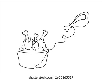 Fried crispy chicken legs, drumsticks in craft paper box vector one line continuous drawing, One continuous line draw hot delicious American fried chickens on basket restaurant logo emblem. Editable 	