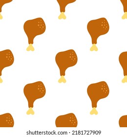 fried crispy chicken legs seamless pattern, cartoon fast food vector illustration on white background, flat style