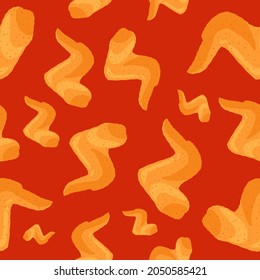 Fried crispy chicken wings seamless pattern on red background. Cartoon roasted fast food vector eps illustration