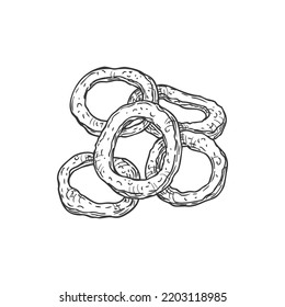 La cebolla crujiente frita suena rápido comida aislada en un icono de sketch monocromo. Comida para llevar vectores, cebollas grasas fritas y maltratadas. Círculos vegetales de cebolla frita con mantequilla. Plato de comida rápida, comida callejera