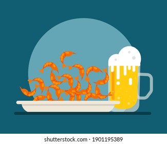 Fried and crispy small shrimp serving with glass of beer. Cartoon vector style for your design