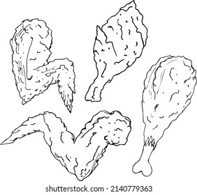 Fried crispy wings. Vector chicken 
American bird food digital art.  Tasty Cooking illustrations.
Dug, wing, and drum design.
