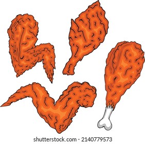 Fried crispy wings. Vector chicken 
American bird food digital art.  Tasty Cooking illustrations.
Dug, wing, and drum design.
