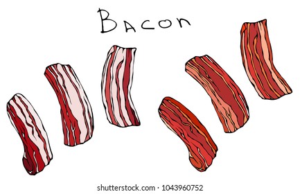 Fried and Crude Bacon Slices. Roasted Row Pork Cut. Meat Guide for Butcher Shop or Steak House Restaurant Menu. English Breakfast Ingredient. Hand Drawn Illustration. Savoyar Doodle Style.