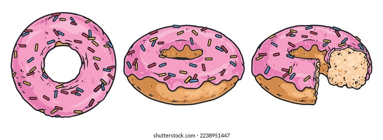 Fried donuts colorful elements set buns rings with pink icing for menu of bakery or breakfast in restaurant vector illustration