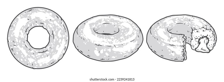 Fried donuts colorful emblems set sweet buns with delicious fruit filling for breakfast at bakery with desserts vector illustration