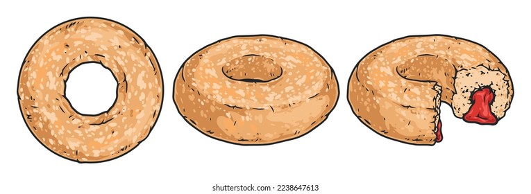 Fried donuts colorful logotypes set dough rings filled with strawberry jam for sweet tasty breakfast junk food concept vector illustration