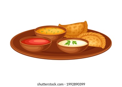 Fried Dumplings with Sauce as Indian Dish and Main Course Served on Plate and Garnished with Herbs Closeup Vector Illustration