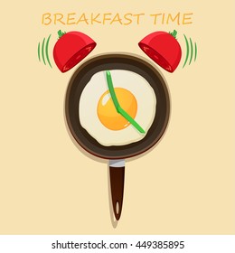 Fried egg and alarm clock and pan. tomato bells. cartoon style. vector illustration. trend.Vector design for breakfast menu, cafe, restaurant. Logo design template