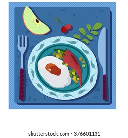 Fried egg, apple, berries, leaves, chili pepper, fork, knife and plate. Textured. 
