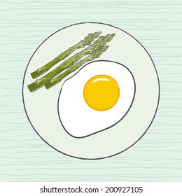Fried egg with asparagus. Vector illustration.