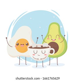 huevo frito aguacate taza de chocolate kawaii caricatura de comida caricatura diseño vector ilustración