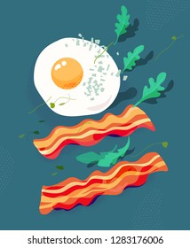  Fried egg and bacon, arugula. Breakfast vector illustration. Stylish restaurant menu design