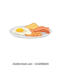 Fried egg and bacon with beans and toast on white plate. Traditional English breakfast. Tasty food. Flat vector for cafe or restaurant menu