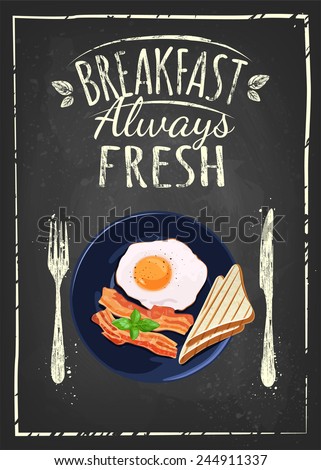 fried egg and bacon breakfast poster on blue plate. Vector illustration. Breakfast always fresh