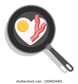 Fried egg with bacon in a frying pan. Heart shaped breakfast in skillet isolated on white background. Flat style vector illustration.