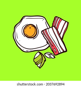 Huevo frito con vector de dibujos animados dibujados a mano con tocino 