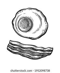 Fried egg and bacon. Ink sketch of breakfast isolated on white background. Hand drawn vector illustration. Retro style.