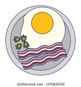 Fried egg and bacon on dish breakfast blue lines