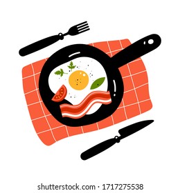 Fried egg and bacon on pan. Breakfast time. Vector illustration. 