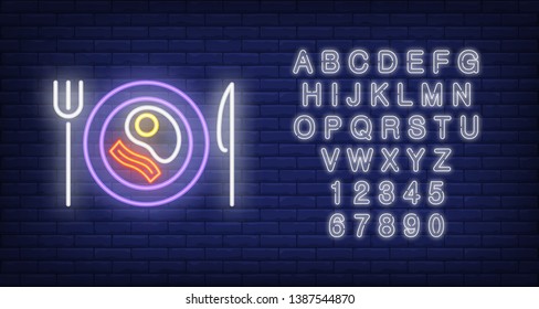 Fried egg and bacon on plate with knife and fork neon sign. Breakfast, morning. Advertisement design. Night bright neon sign, colorful billboard, light banner. Vector illustration in neon style.