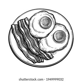 Fried egg and bacon on plate. Ink sketch of breakfast isolated on white background. Hand drawn vector illustration. Retro style.