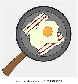 Fried egg with bacon in pan.